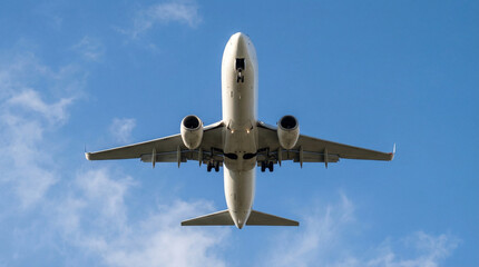 Obraz premium Commercial airplane flying overhead, captured from directly below, clear view of the aircraft belly, wings and engines visible, blue sky background with soft clouds, low angle perspective.