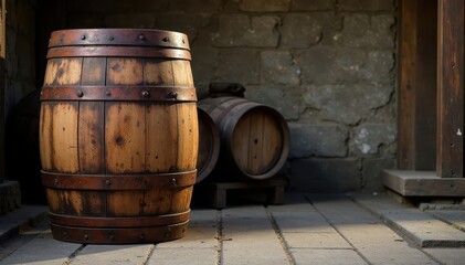 Weathered wooden barrel, rusty bands, rustic setting , texture, wood