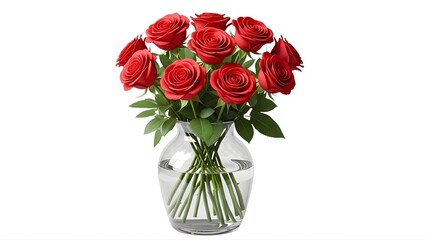 A beautiful bouquet of red roses in a clear glass vase on transparent background