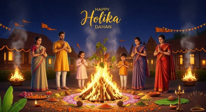 A family celebrates holika dahan a hindu festival with a large bonfire and colorful offerings