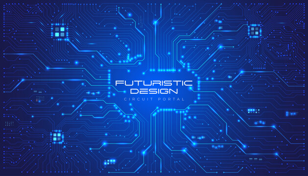 Futuristic digital circuit board design with glowing blue lines and abstract technological elements