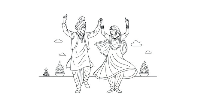 Line drawing of a man and woman dancing with raised arms, wearing traditional Indian clothing, against a simple background with pyramids and clouds.
