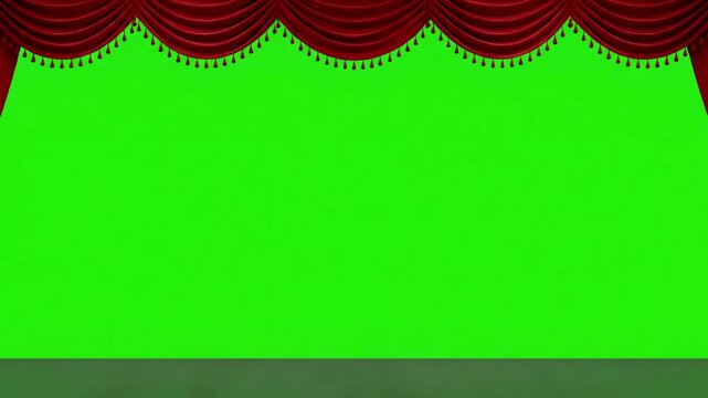 Chroma Key Stage Backgrounds with a realistic red fabric curtain pleats opens on green screen theater 4k 3d animation distortion, overlay, glitch, static noise, scan lines black background, animated