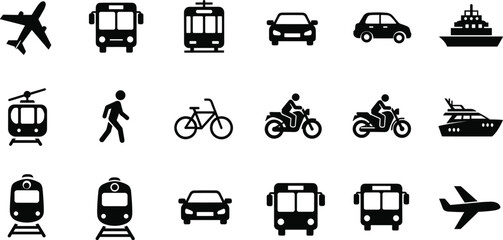 Transportation icons set featuring air land and sea travel symbols including vehicles public transit walking cycling and shipping silhouettes © Lutfun Creatives
