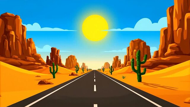 Cartoon desert landscape with road leading to the horizon under a bright sun