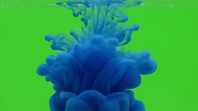 Dynamic Dispersion with blue ink dropped in water on white background distortion, green screen overlay, glitch, static noise, scan lines black background, 4k animated video loop