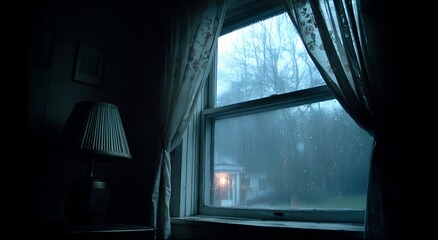 A dimly lit room with a window looking out onto a rainy night