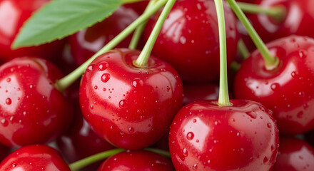 Ripe juicy red cherries macro shot with water droplets on the surface and green leaves in soft light