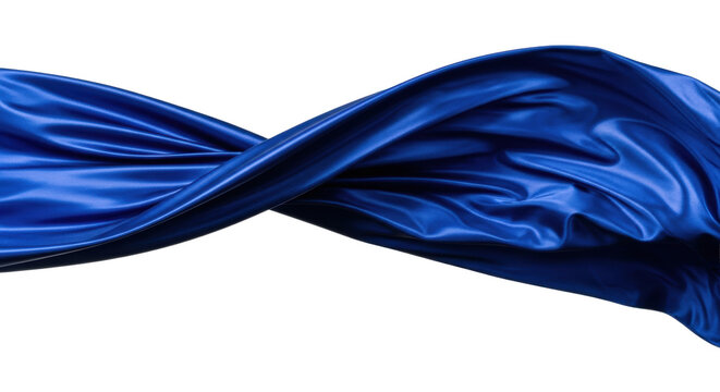 Abstract, voluminous sculpture of deep sapphire blue silk charmeuse fabric, glossy texture and dramatic chiaroscuro folds against white, simulating a dynamic frozen wave. Concept for luxury