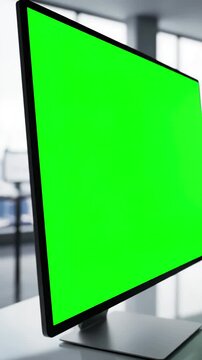 Unoccupied Modern Workspace with close up of green screen on computer in empty business office isolated template and mock background chroma key monitor nobody workplace copy space app display