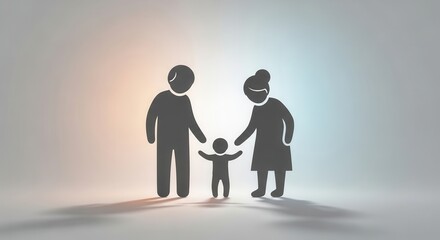 A minimalist representation of a family unit with parents and their child standing together