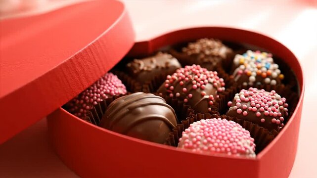 Close up of heart shaped box filled with assorted chocolate truffles