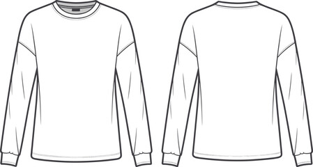 Front and Back View of a White Long- Sleeved T- Shirt Flat Sketch Keywords: t-shirt, long sleeve, apparel, clothing, fashion