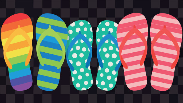 Flat lay of colorful flip flops with various patterns against a transparent background.