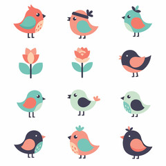 Cute Bird and Flower Vector Icons Set