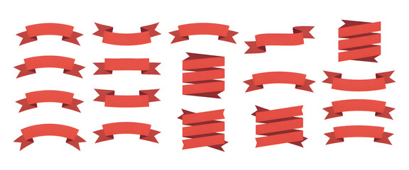 Red ribbon banner 3d render - set of glossy text box for sale or discount promotion sign.