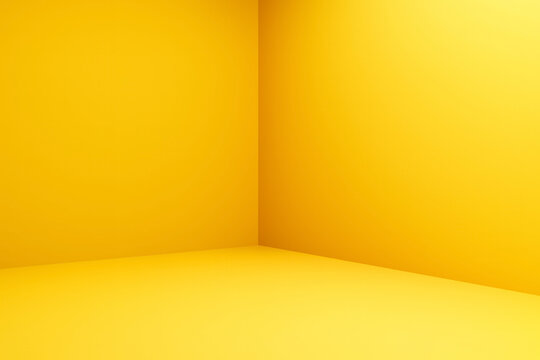 Yellow minimalist interior with smooth curved corner and gradient lighting. Monochrome 3D rendering for product display, branding, or modern design. Abstract empty room with clean geometry.