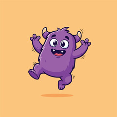 Fototapeta premium Vibrant Animated Purple Monster Character Joyfully Jumping with Arms Raised on a Bright Background