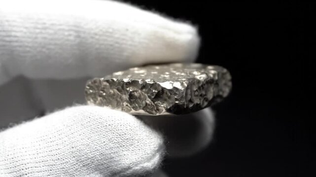 Gloved hand holding a small, rough gemstone against a dark background