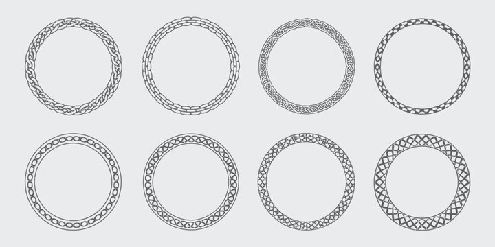 Celtic Circular Frame Collection, Vintage Round Borders Featuring Traditional Celtic Knotwork, Braided Ornaments, Northern Irish Decorative Motifs, and Mystical Magical Pattern Vector Illustrations.