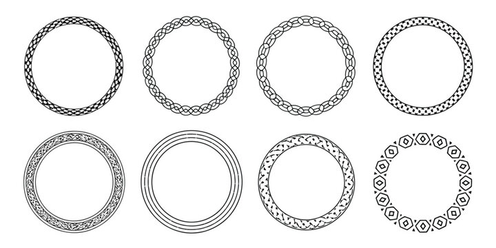 Celtic Circle Frames Vector Set, Vintage Round Border Frames with Celtic Knots and Knotted Braid Ornaments, Northern Irish Motifs, and Circular Magical Pattern Designs.