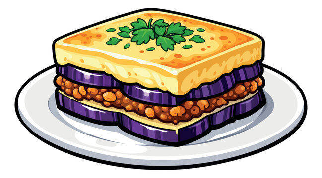 Colorful line art illustration of moussaka depicting a traditional Greek dish served on a plate for a food menu design