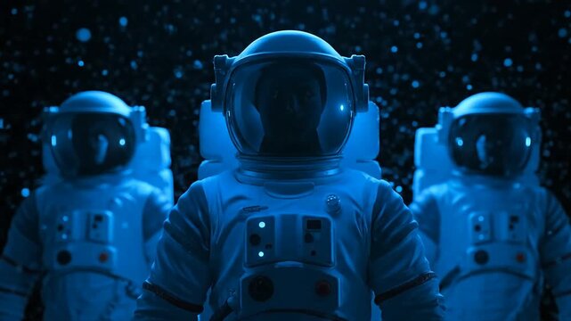 Astronauts in space suits against a backdrop of stars and particles
