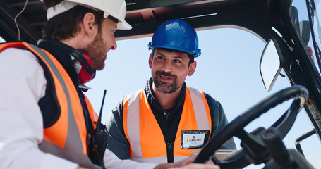 Drive, logistics and talking with team outdoor at shipping yard for delivery or distribution. Conversation, forklift and supply chain management with men at depot together for discussion or planning © Azeemud25/peopleimages.com