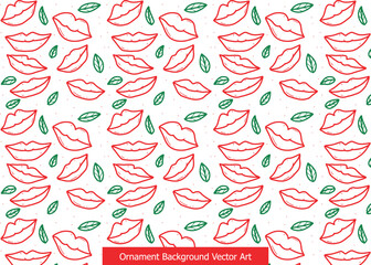 Seamless pattern of red outlined lips and green leaves on a white background, vector art illustration.
