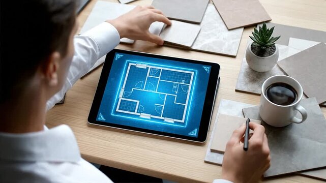 Architect designs floor plan on digital tablet with coffee and samples