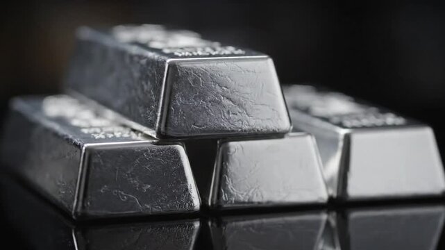 Stacks of silver bars arranged neatly on a reflective surface with a dark background and a close-up viewpoint