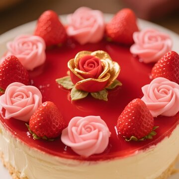 4k high quality Ai generative HD photo realistic background valentine sweet dessert romantic birthday topping whipped cream gold rose heart love red decoration strawberry cheese cake melt jam