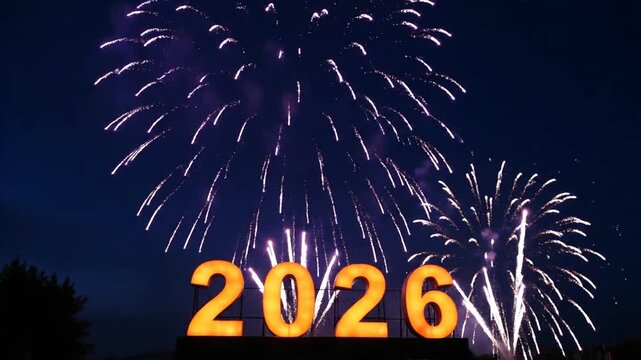 Fireworks display with large glowing number 2026 against dark sky