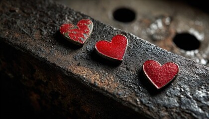 Obraz premium Three small red hearts rest upon a dark, textured metal surface