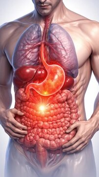 Stress stomach pain physical symptom concept male torso digestive system anatomy with inflamed gut organ tension burning discomfort upset abdomen illness disease gastric acid reflux