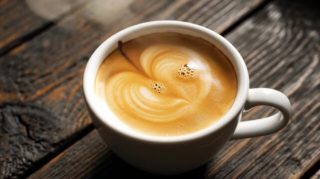 Perfect top-down flat lay shot of a ceramic white coffee cup filled with espresso and thick golden crema resting on a textured dark wooden table hot drink, food and drink, still life
