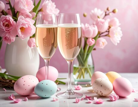 Easter eggs, gold champagne glasses, and beautiful flowers