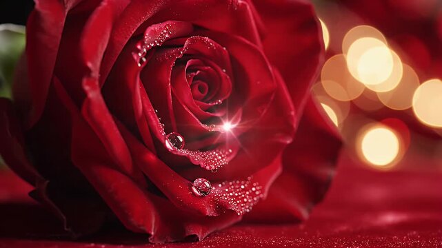 Close-up of a vibrant red rose with water droplets and bokeh lights.