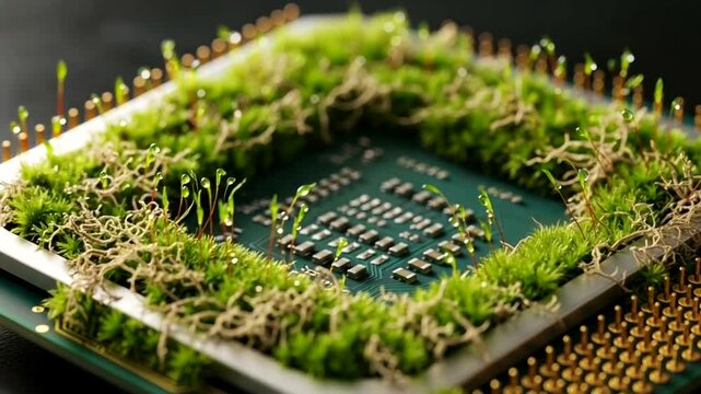 Green Technology Concept CPU Processor Covered in Moss and Sprouts.