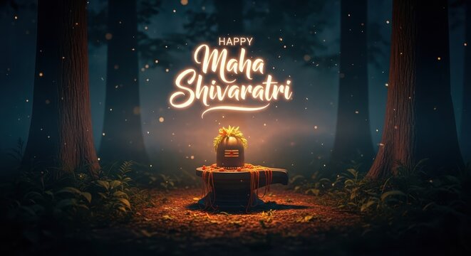 A digital illustration depicts a maha shivaratri celebration within a dark mystical forest setting high quality