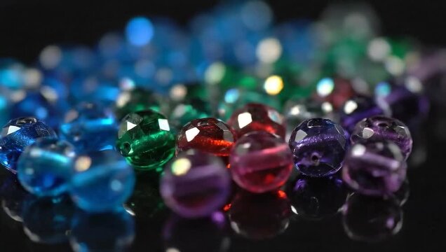 Macro shot of colorful glass beads reflecting light on a dark surface.