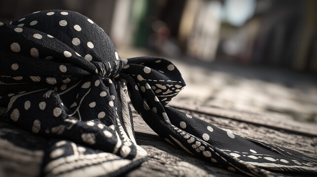 A black and white polka dot ribbon lies tied on a wooden surface in Cord&atilde;o da Bola Preta, Brazil.