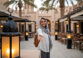 Smiling Muslim Woman Welcoming Guest in Traditional Courtyard with Lanterns, Middle Eastern Hospitality, Cultural Travel Experience, Luxury Resort Atmosphere and Warm Human Interaction