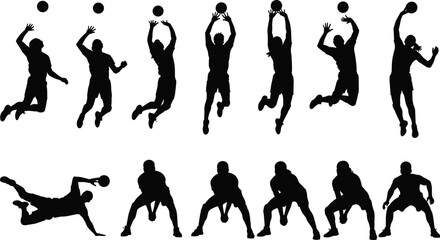 Basketball player silhouette illustration set, jumping dunk dribble poses, athletic training action sequence, sports competition movement, fitness athlete vector design © MD. NUR ISLAM