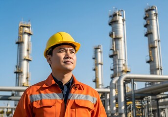 Industrial Engineer Wearing Safety Helmet at Oil Refinery Plant, Energy Production Facility, Petrochemical Industry Operations, Skilled Workforce, Heavy Industry Infrastructure and Engineering Work