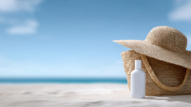 Straw hat woven bag sunscreen bottle on sandy beach with blue sky and relaxing summer vibe