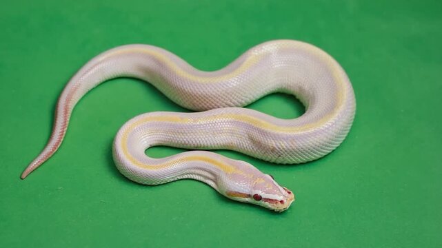 A long, elegant, pale-colored python with subtle yellow markings stretches gracefully across a plain green background. green screen snake video