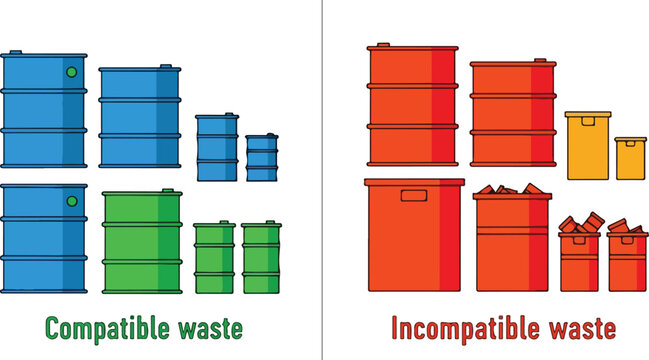 Collection of compatible and incompatible waste barrels in a graphic illustration
