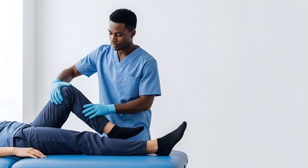 Physiotherapist Treating Patient Leg Injury in Medical Clinic, Professional Physical Therapy Session, Rehabilitation Care, Healthcare Treatment, Sports Recovery and Wellness Support