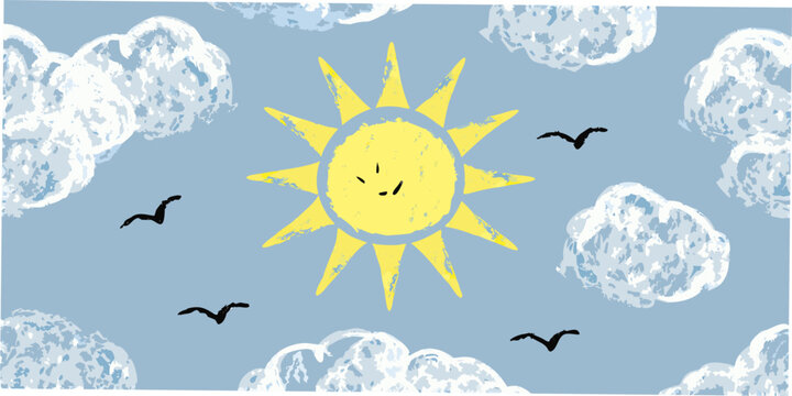 A cheerful drawing of a sun shining through clouds with birds flying